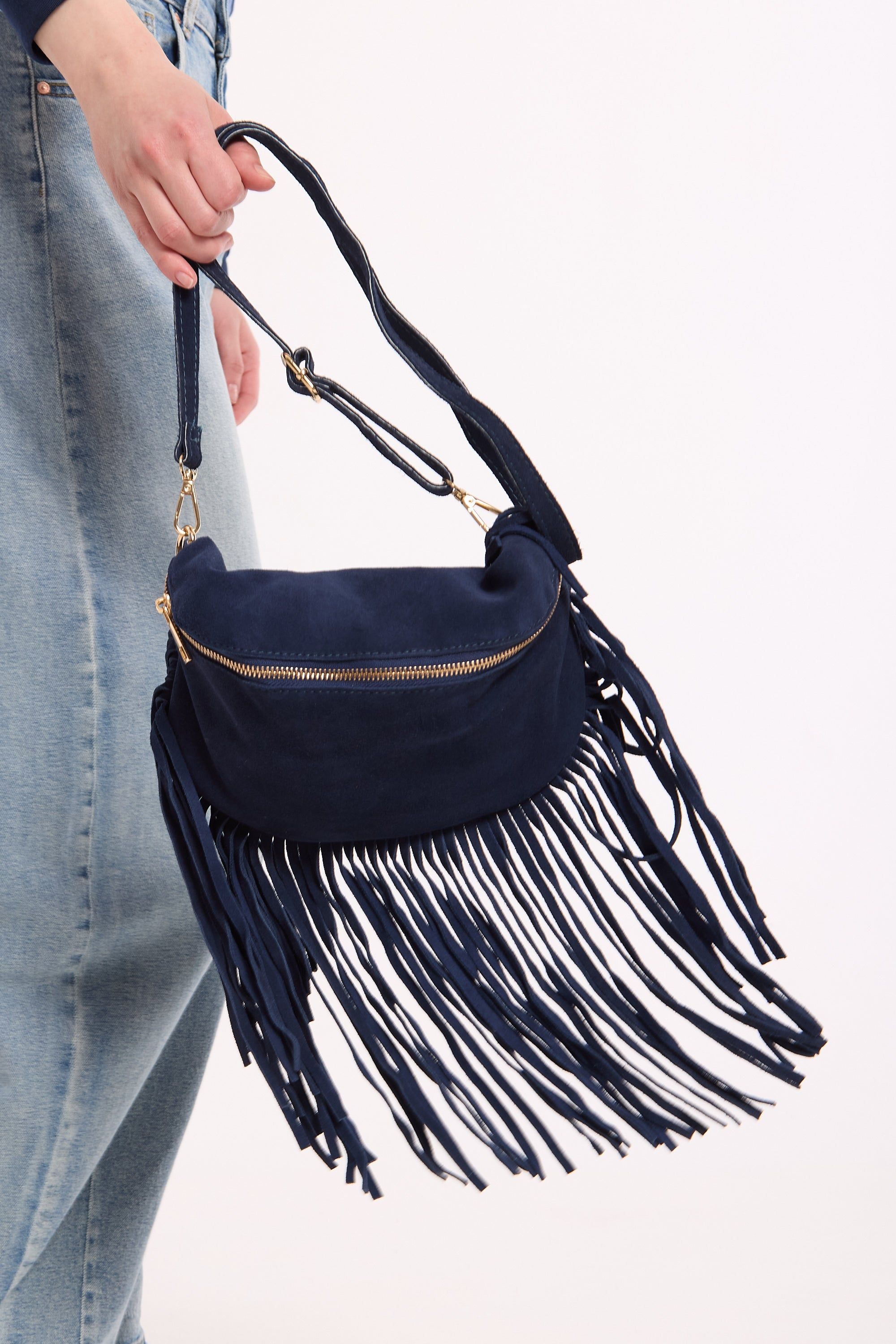 House of Holland Navy Suede Fringe Crossbody Bag