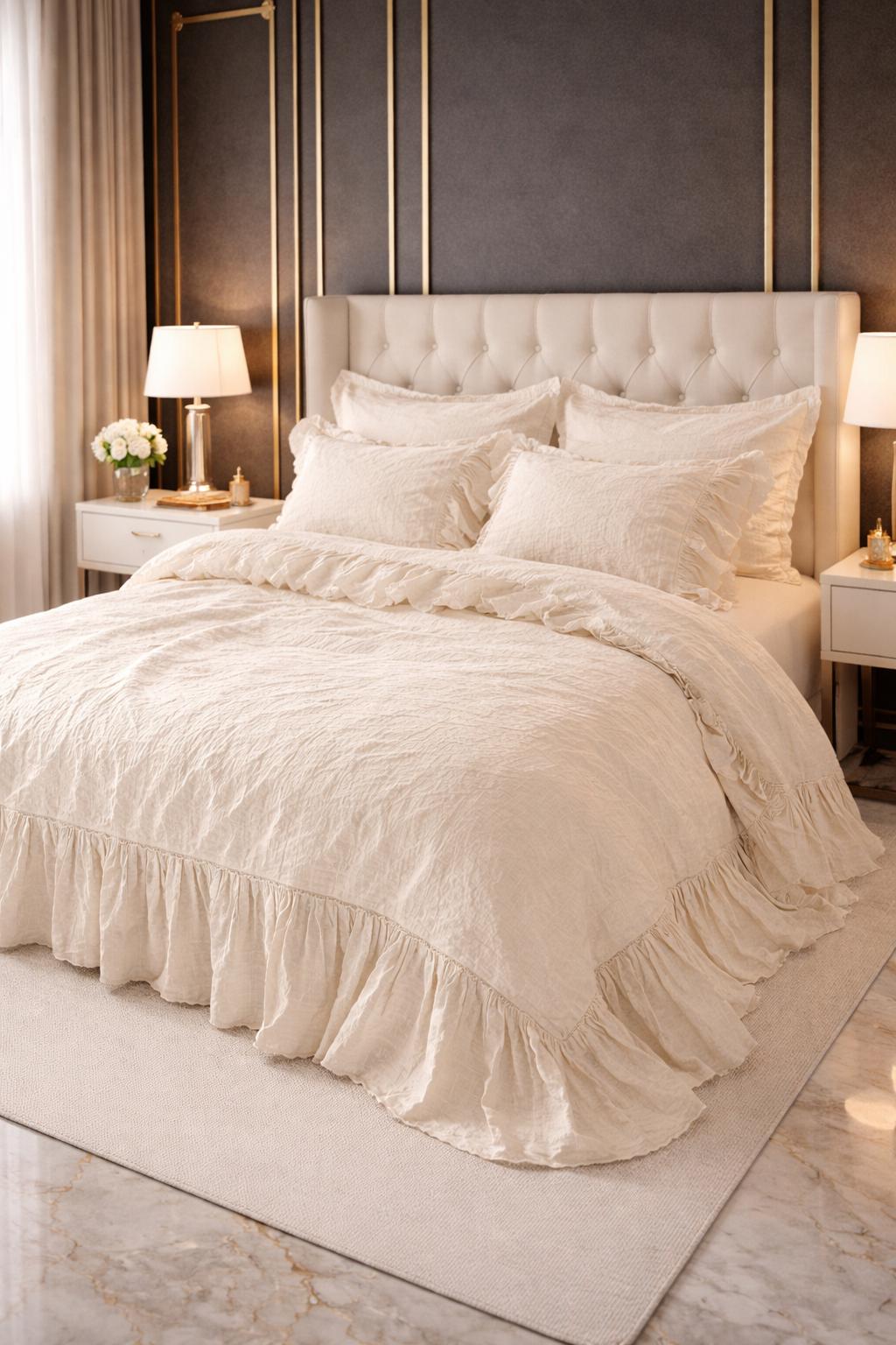 Cream Ruffle Linen Bedding Set, Shabby Chic Farmhouse Comforter