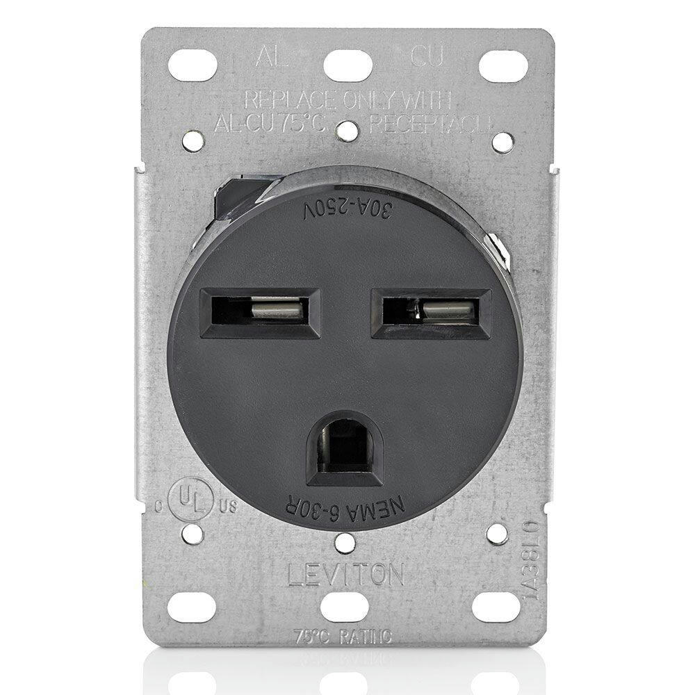 Leviton 05372-R10 Flush Mount NEMA 6-30R Receptacle, 30A, 250V, Grounding, Industrial Grade, Black