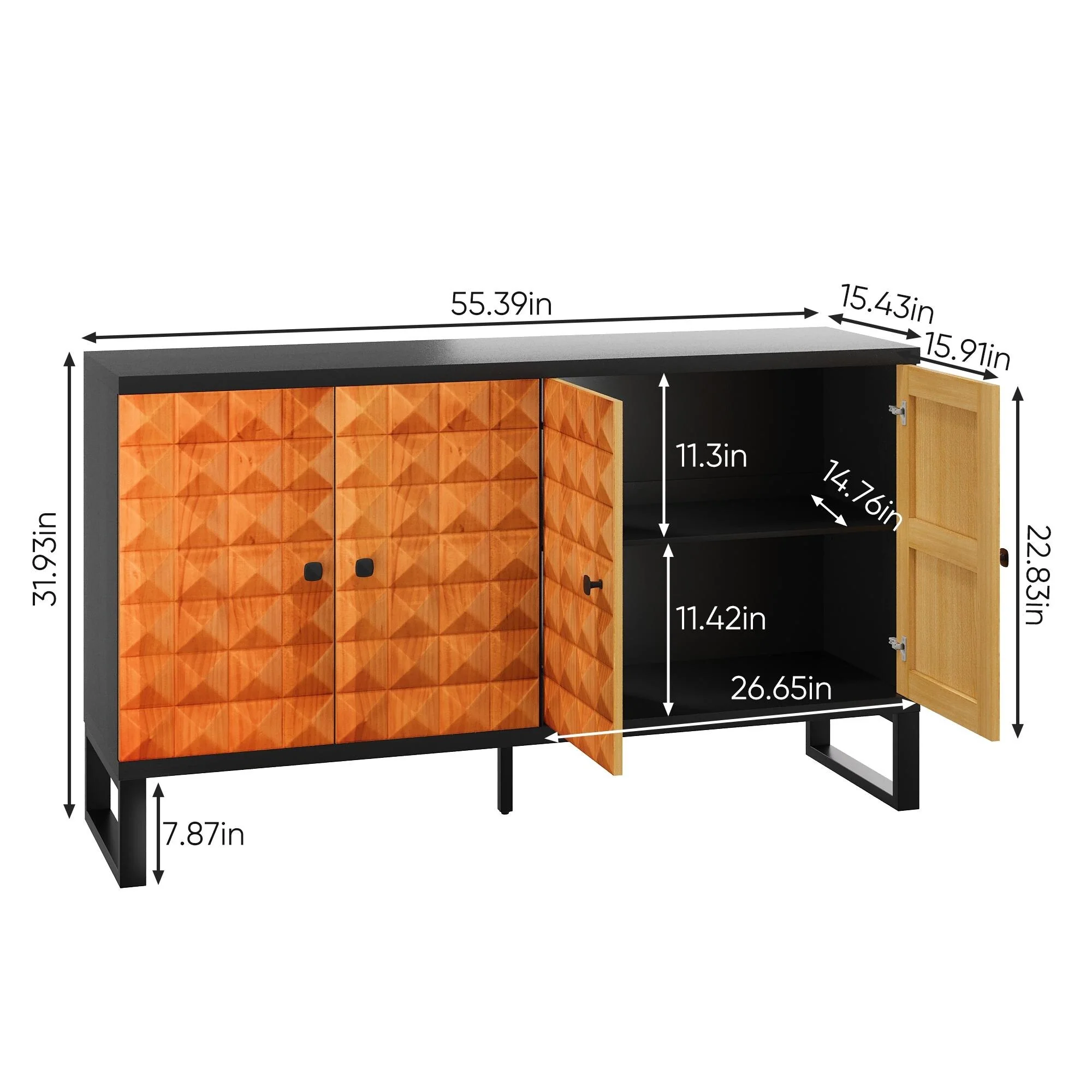Modern 4 Door Wooden Buffet Cabinet with Metal Legs and Geometric Patterns
