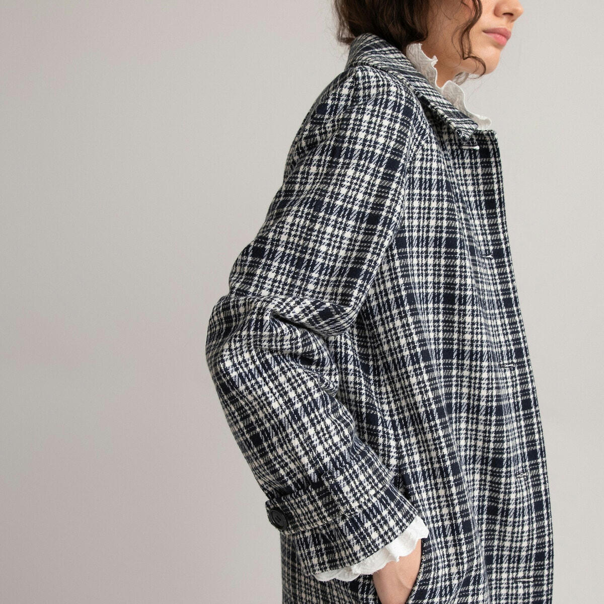 Manteau long droit à carreaux