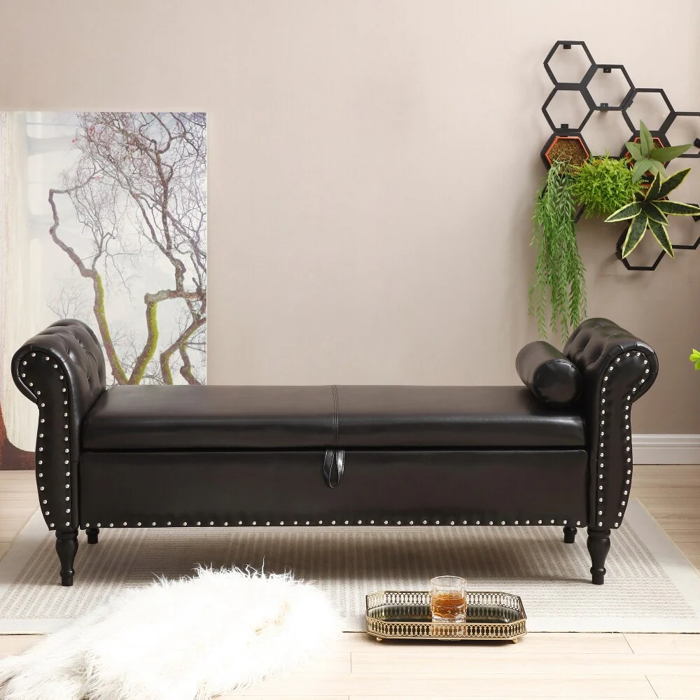 63 Leather Storage Ottoman Bench with 1 Pillow, Safety Hinge and Buttons Tufted Nailhead Trimmed
