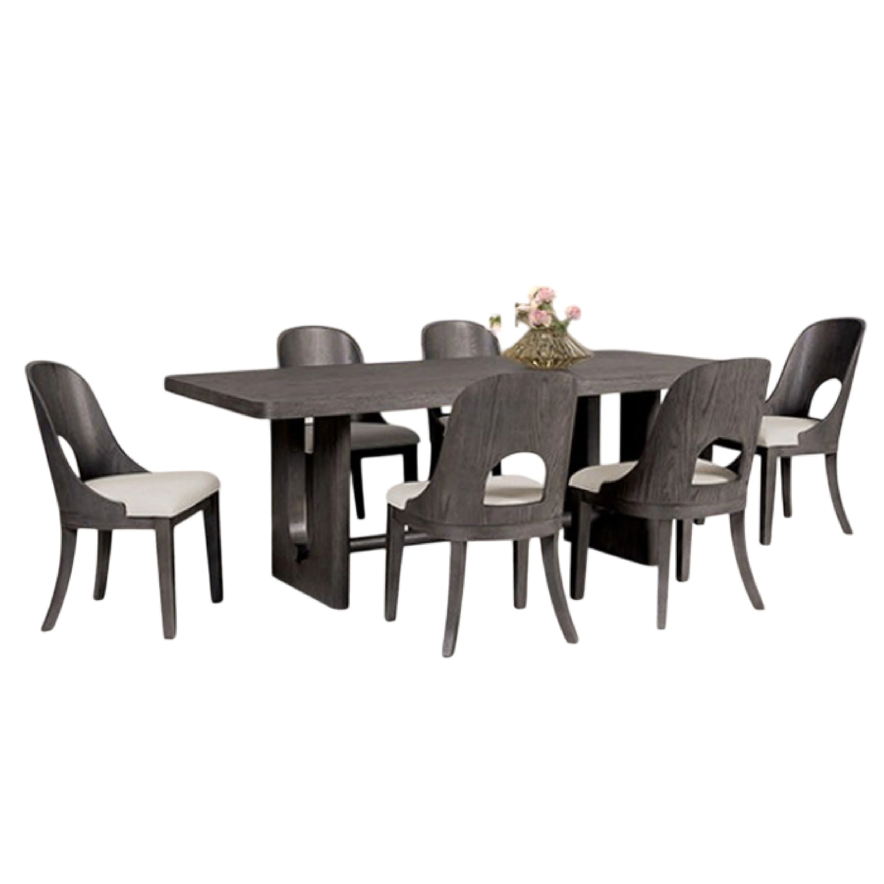 Zoko 7pc Dining Table Set, White Polyester Chairs, Ash Gray Rubberwood