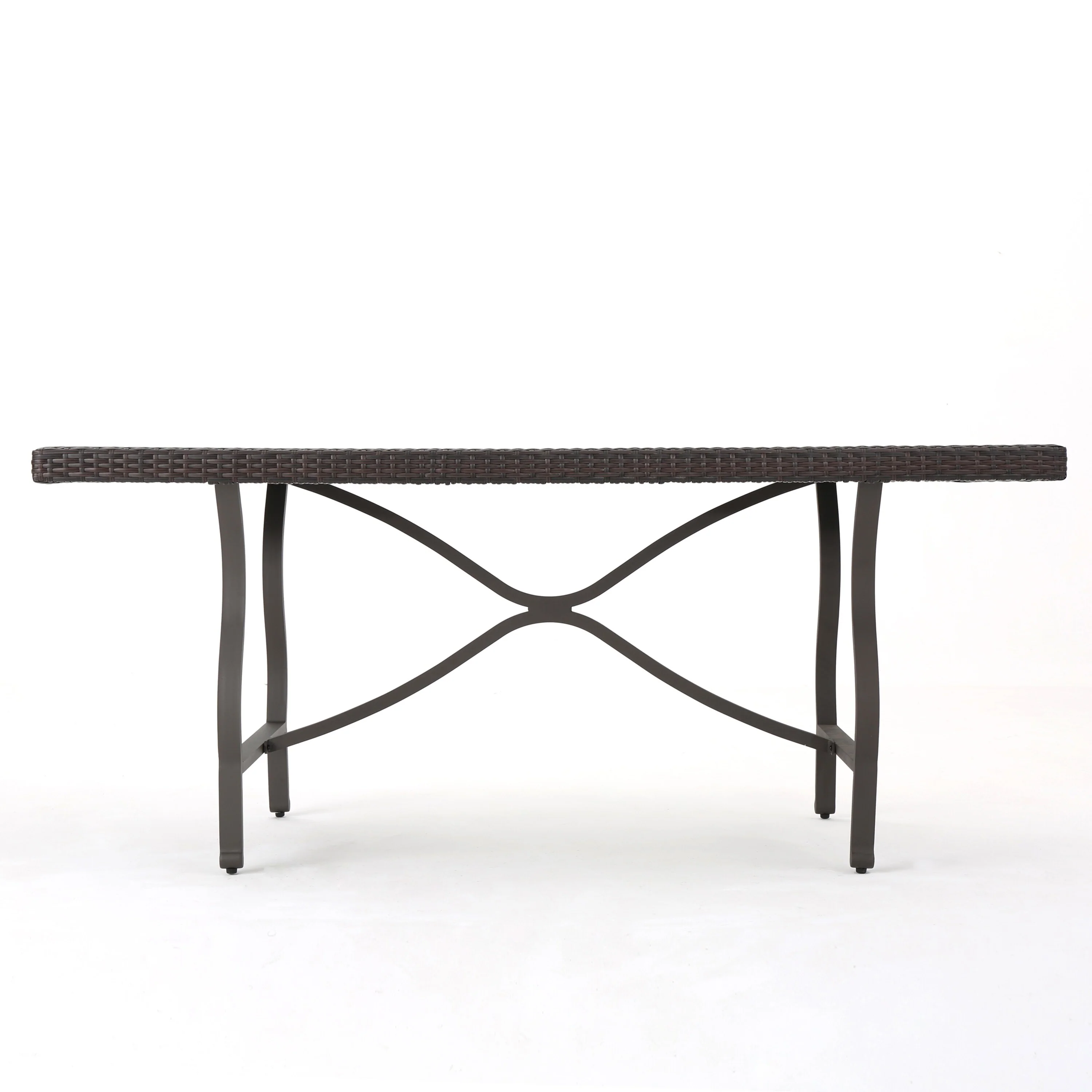 Outdoor Dining Table, 70 Inch, Brown Faux Rattan, Gray Iron Frame