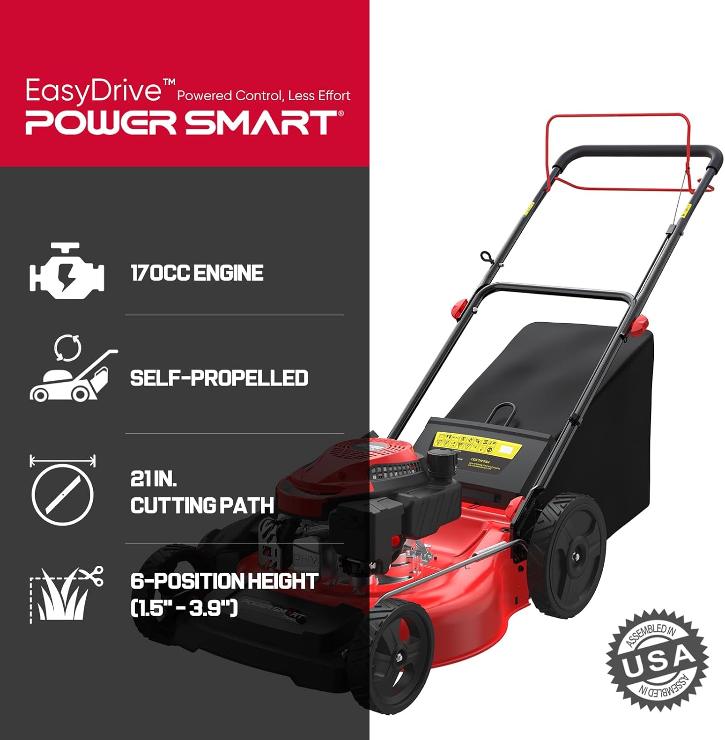 PowerSmart EasyDrive 21-Inch Self Propelled Gas Lawn Mower, 170cc 4-Stroke OHV Engine, Rear Wheel Drive, 3-in-1 Mulch/Bag/Side Discharge, Steel Deck, 6 Height Adjustment