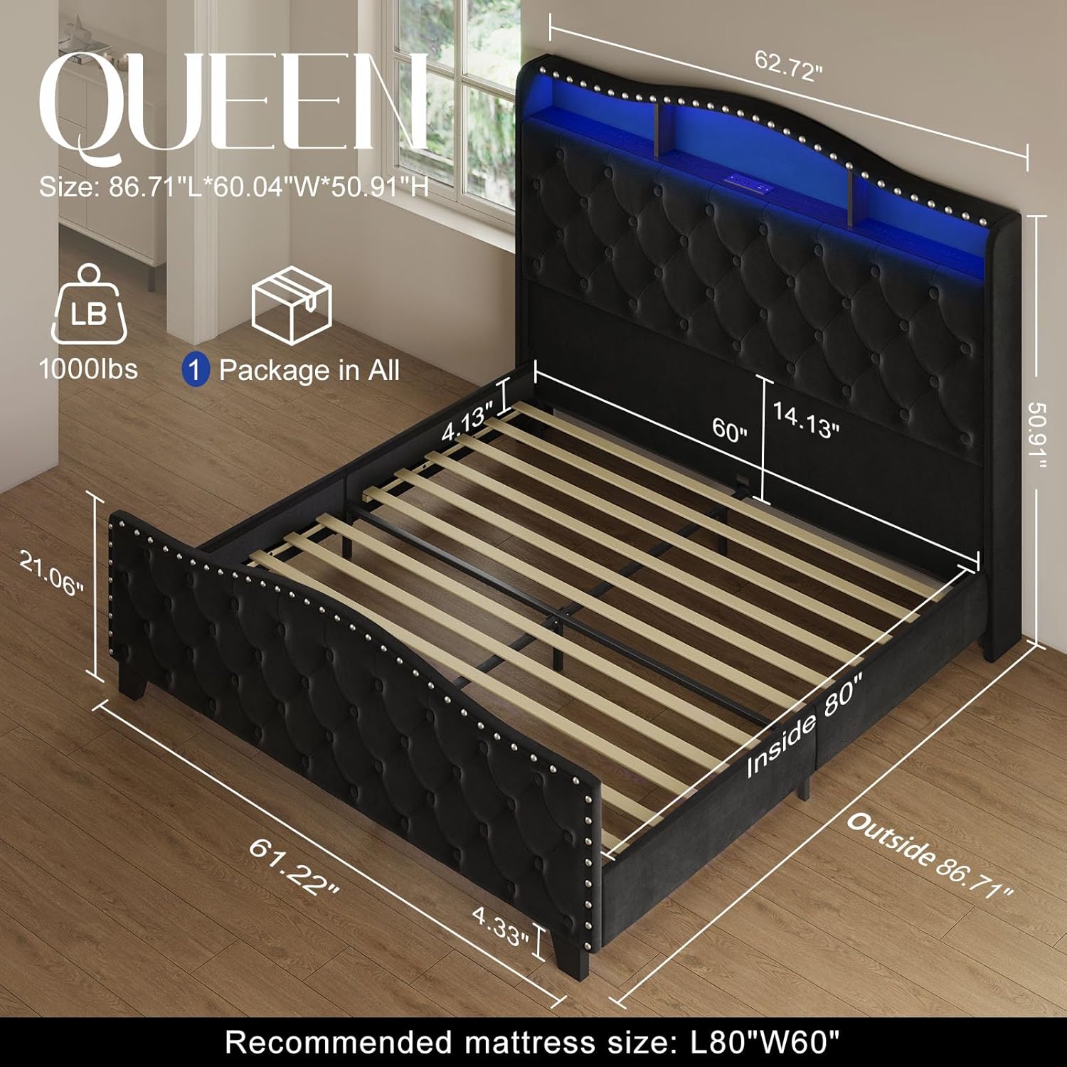 Belffin Queen Size Bed Frame and Headboard, 50.9 Velvet Upholstered Wingback Bedframe with LED Lights & Storage/Charging Station, Button Tufted Tall Footboard, No Box Spring Needed, Noise-Free, Black