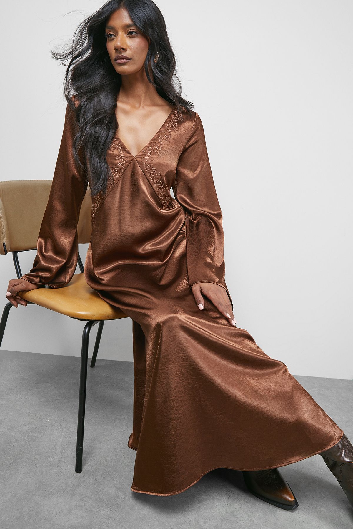 Warehouse Embroidered Satin Plunge Neck Flare Sleeve Midi Dress