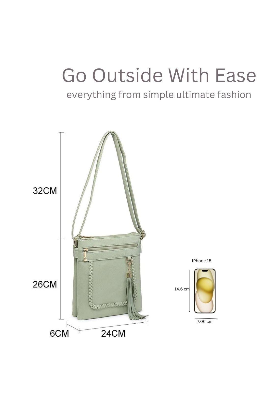 Kitise Braided Trim Double Compartment Crossbody Bag with Tassel Charm