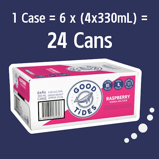 Good Tides Hard Seltzer Raspberry, Zero Sugar, Low Calorie, Refreshing Spritzed Drink, 4.3% ABV, 330mL (Case of 24 Cans)