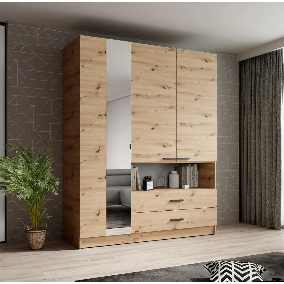 Meubella - Kledingkast Tobin - Eiken - 158 cm - Met spiegel