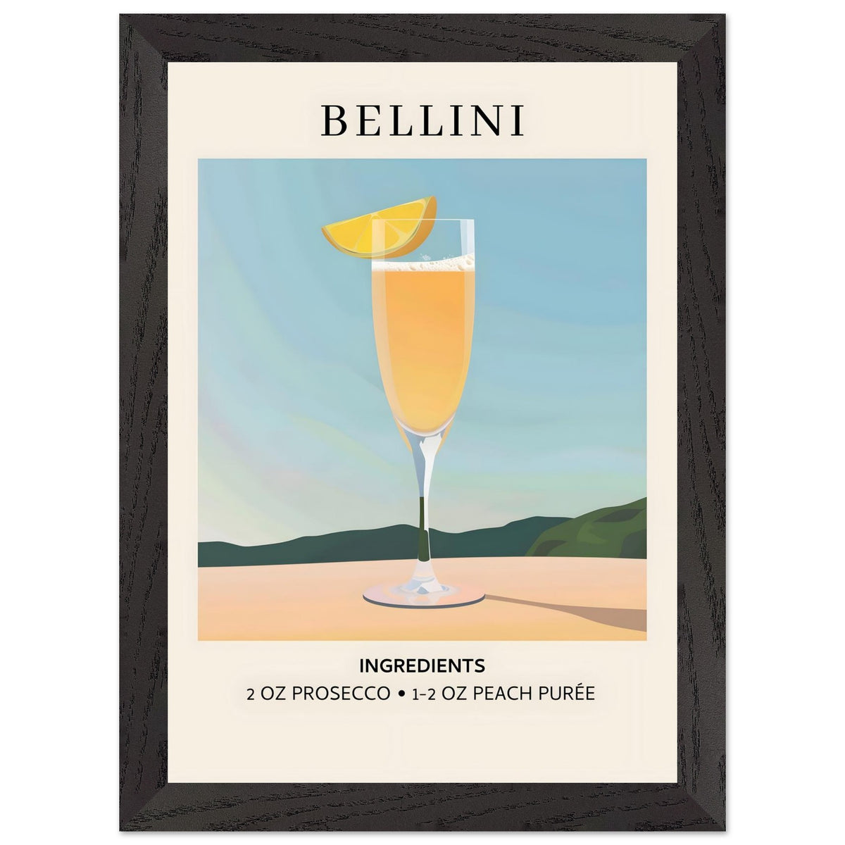 Artfulprints Poster met Lijst Bellini cocktail - Ingrediënten  - A4 21x29.7 cm - Geel