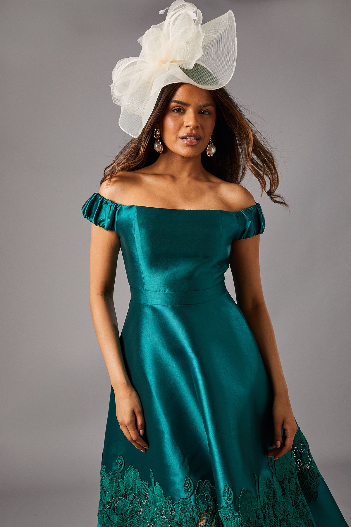 Coast Petite Bardot Twill Midi Dress With Lace Trim