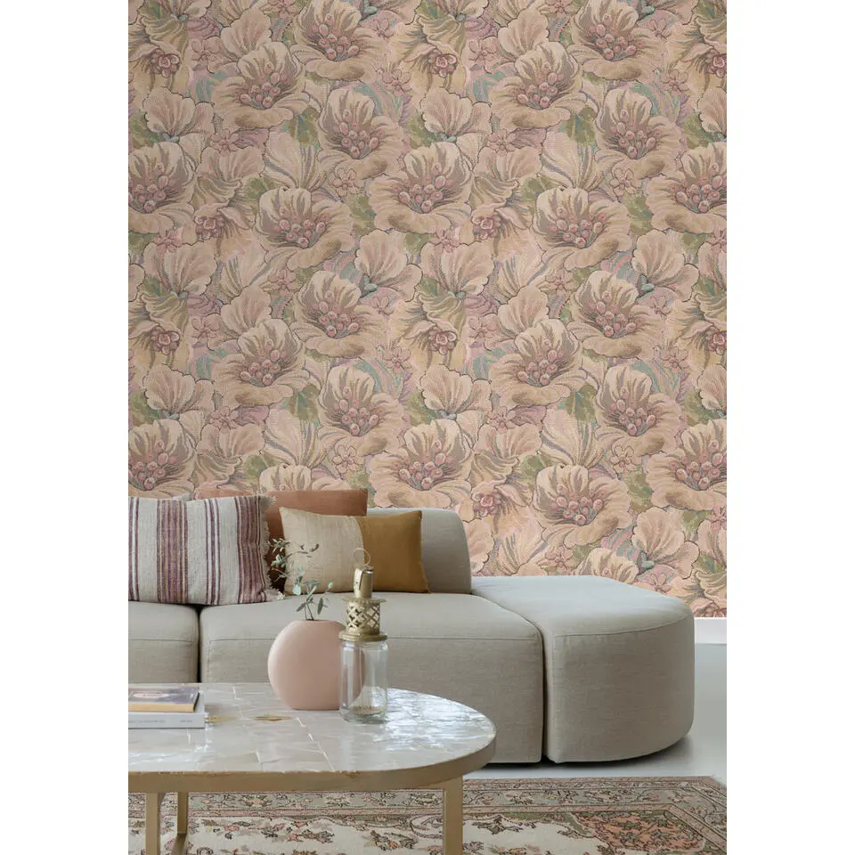 ESTAhome fotobehang geborduurd bloemmotief bruin, beige en oudroze