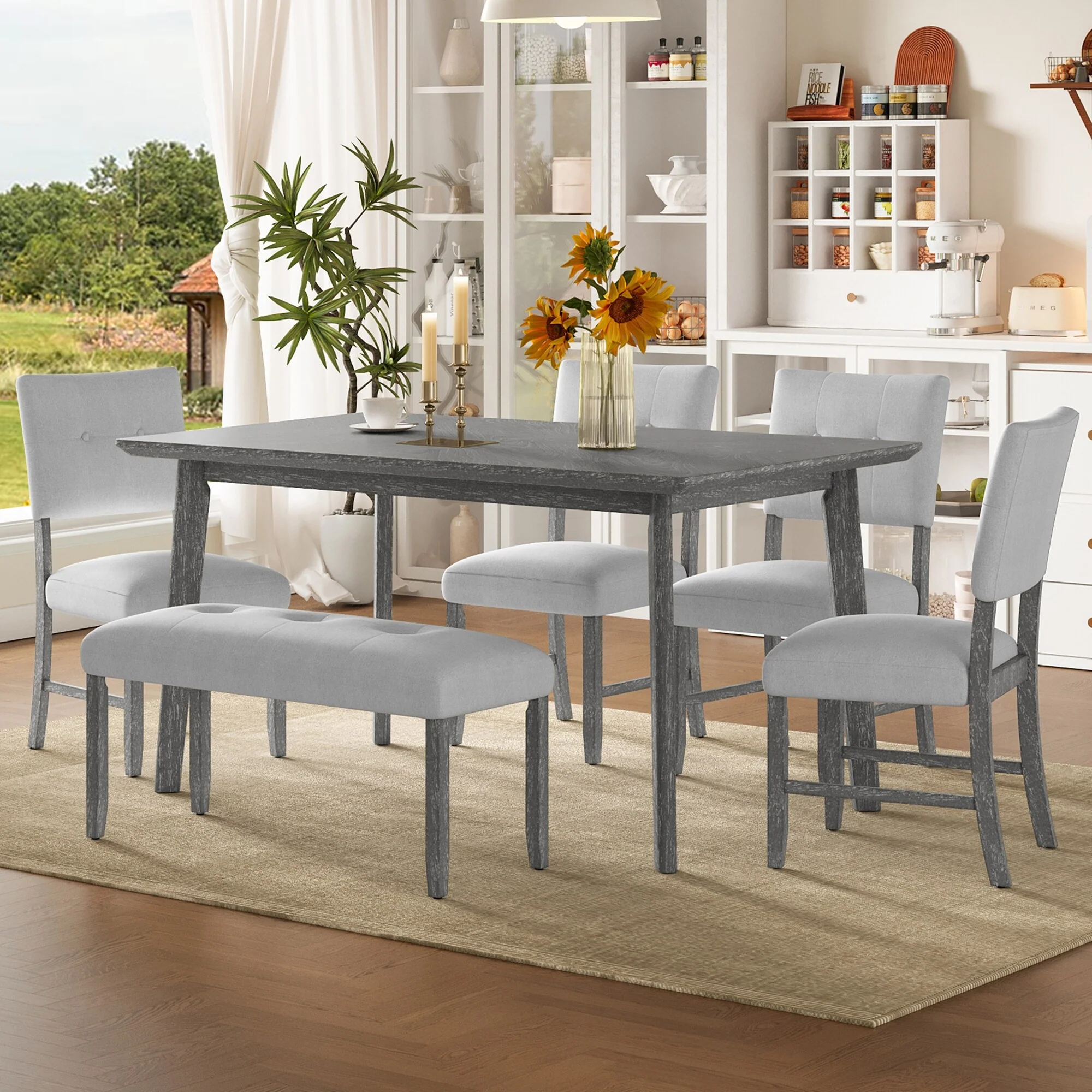 6 Piece Dining Room Table Set, with 4 Upholstered Chairs and Bench, Solid Wood Kitchen Dining Table Set for 6 Persons