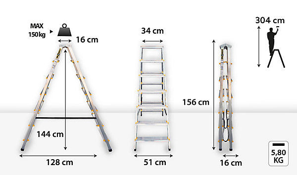 échelle professionnelle double face en aluminium, DRABEST, 7 marches, 2x7, capacité de charge 150 kg, 1 pièce.