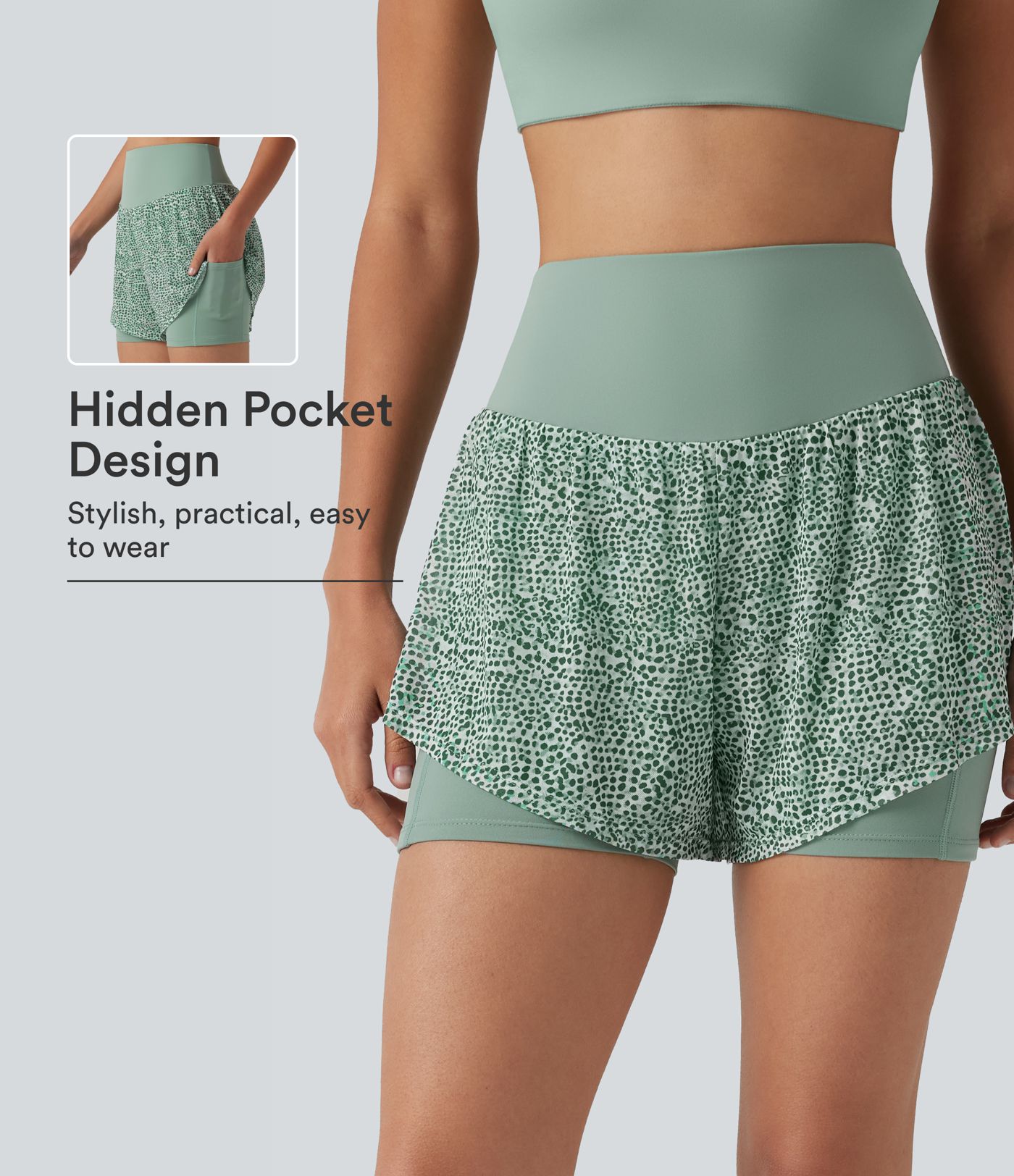 Short baggy de running 2-en-1 taille haute à imprimé léopard avec poches