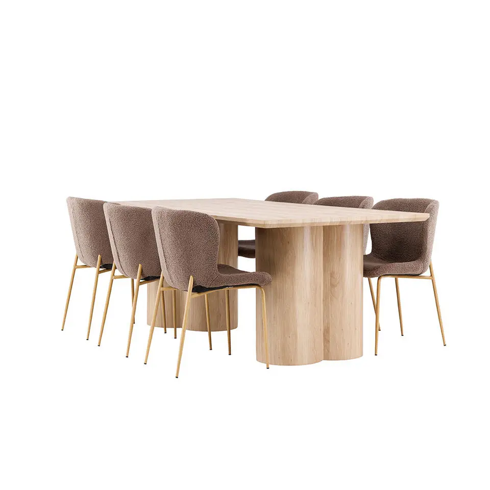 Hioshop Olivia eethoek tafel 100x210cm en 6 teddy stoelen naturel