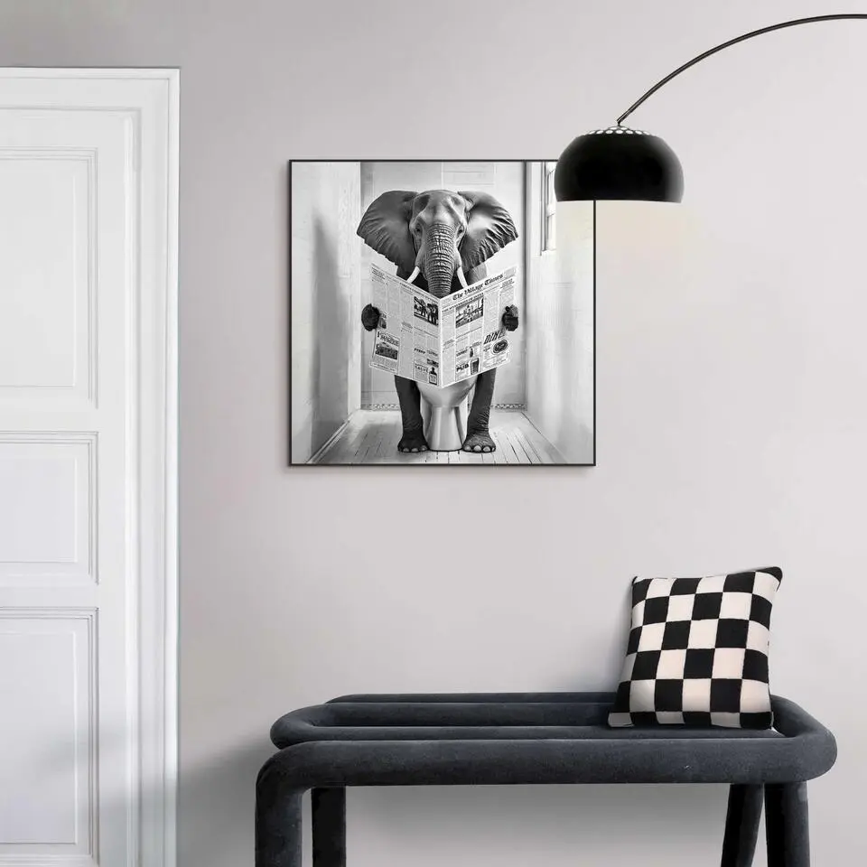 Schilderij Elephant Toilet - 50 x 50 - Zwart-Wit