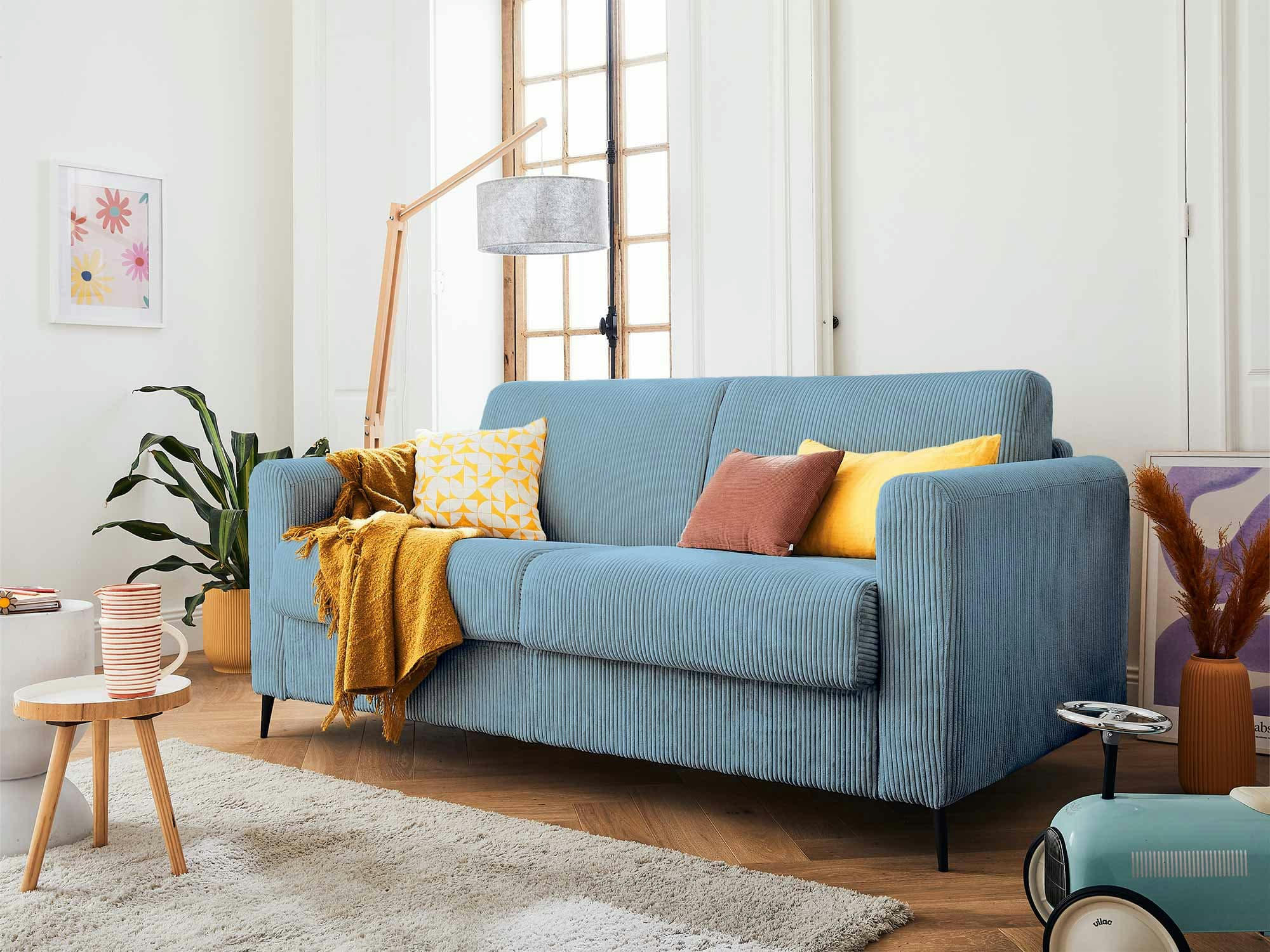 OWEN - Canapé droit convertible 3 places en velours côtelé bleu grisé