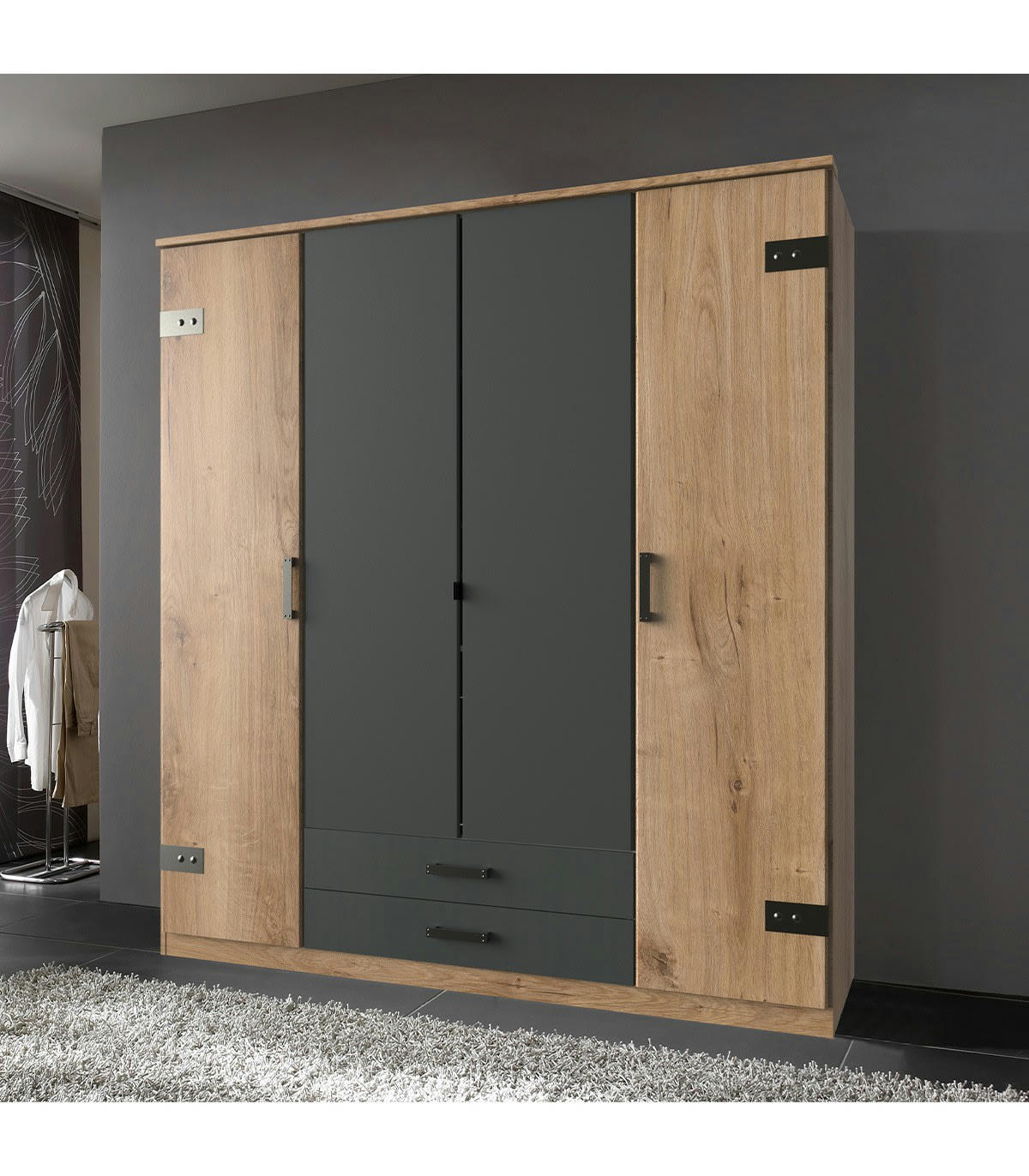 - Armoire 4 portes décor chêne et graphite- L180 cm