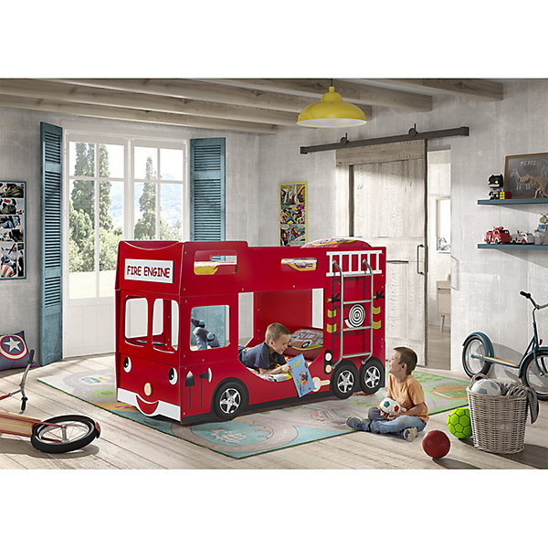 Lit superpose 90x200 Camion de pompier sommier inclus Vipack Car Beds - Rouge