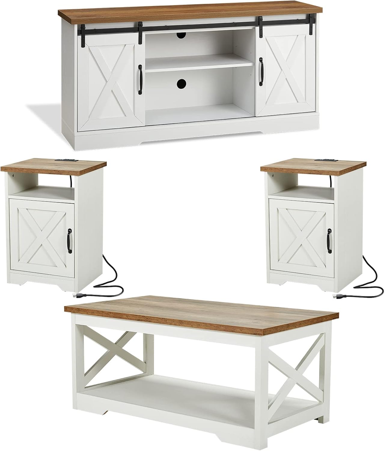 AMERLIFE 4-Piece Farmhouse Table Set Includes Sliding Barn Door TV Stand, Coffee Table& Two End Tables, Side Table with Charging Station and USB Ports, for Living Room, Distressed White, 66