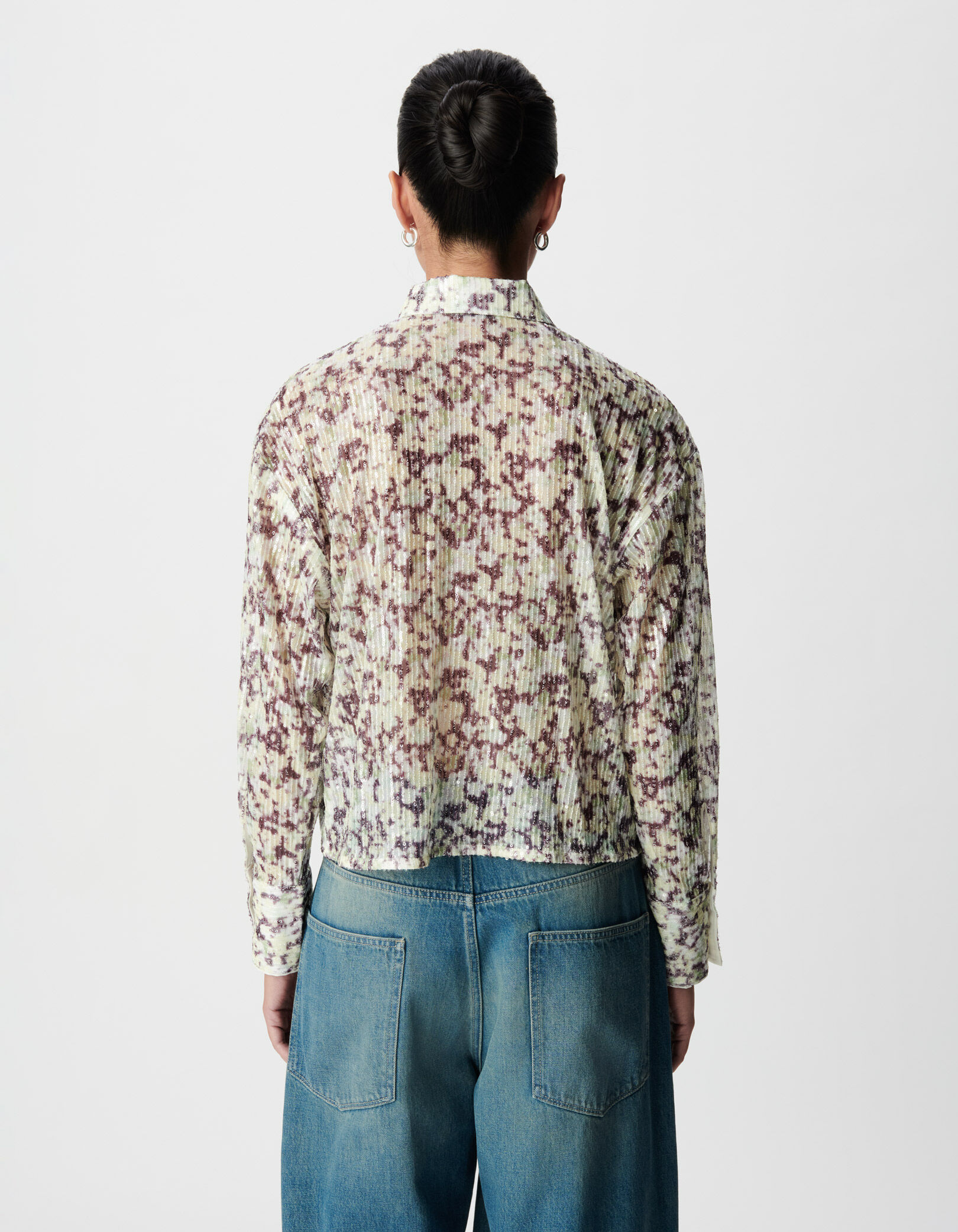 Chemise verte motif camouflage broderies sequins Femme