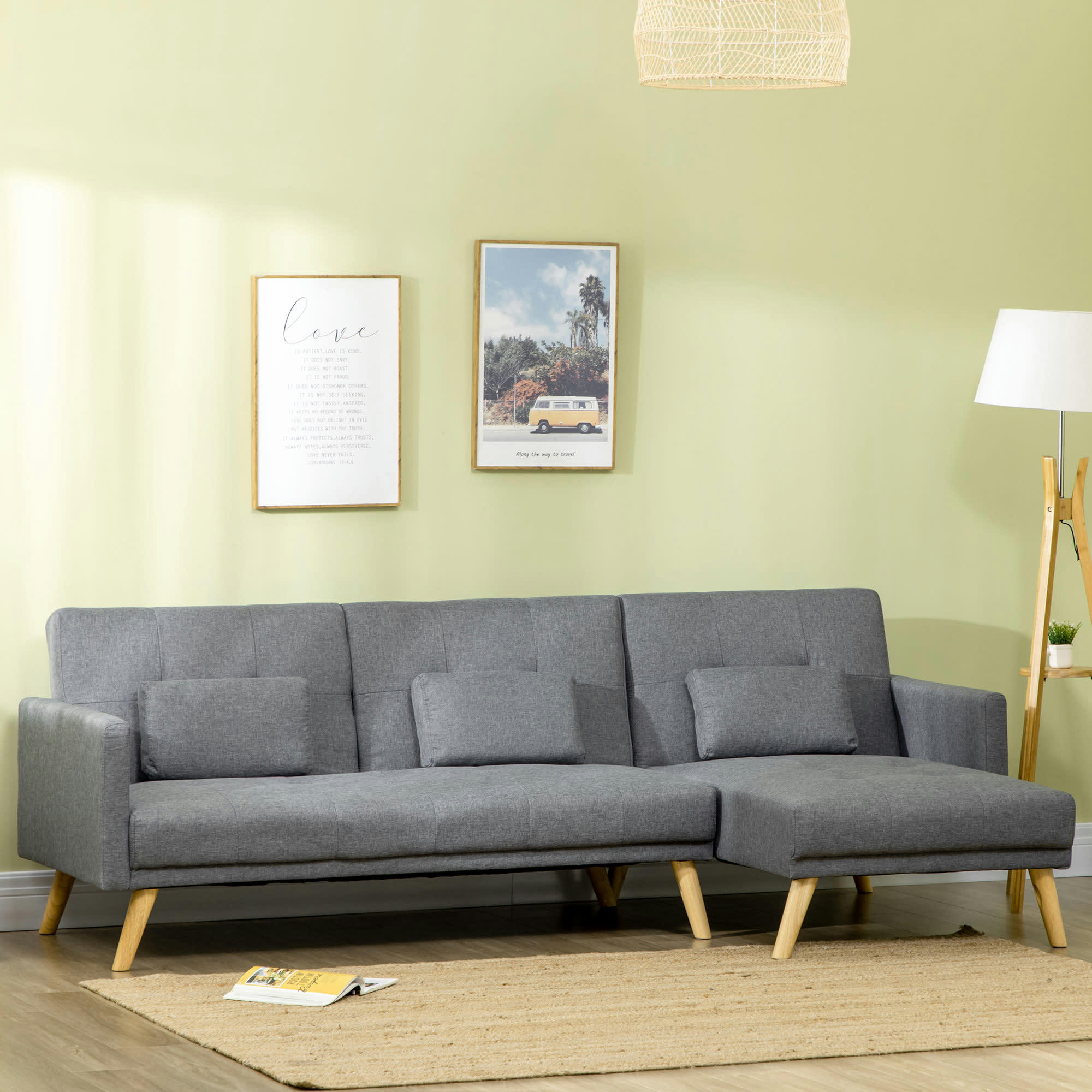 - Canapé d'angle convertible 3 places scandinave bois aspect lin gris