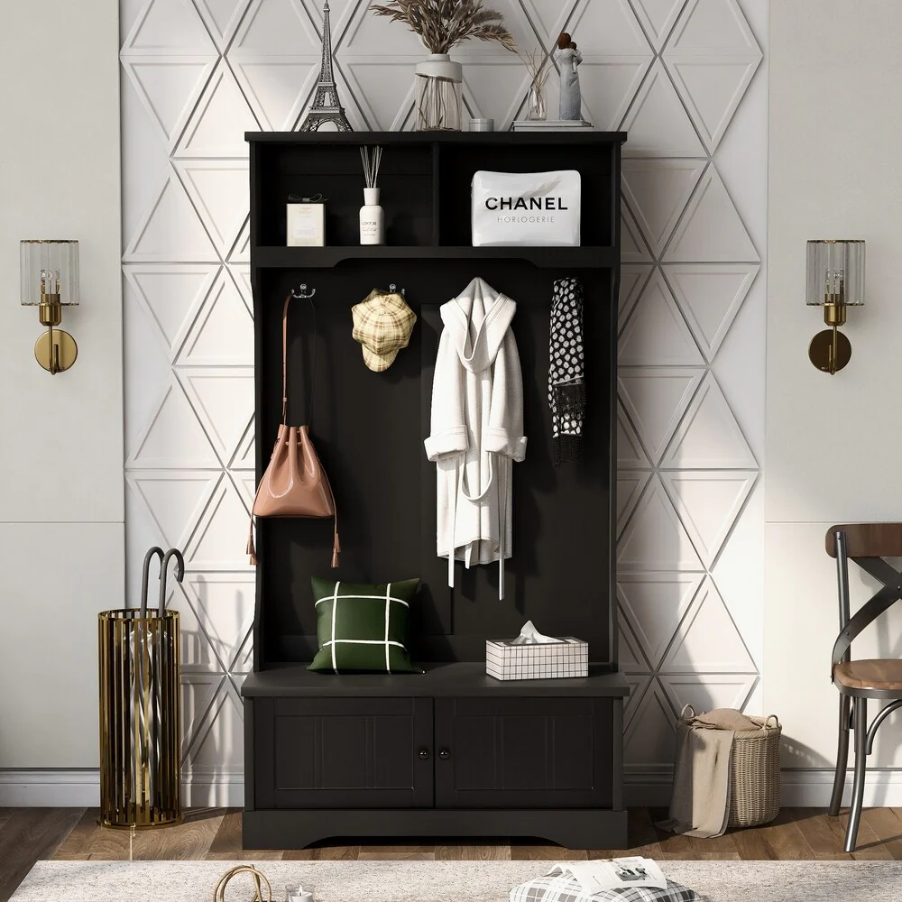 3-in-1 Design Black Hall Tree Entryway Bench with Shelves Cabinet and 4 Hooks - 40“L x 18.5”W x 72”H