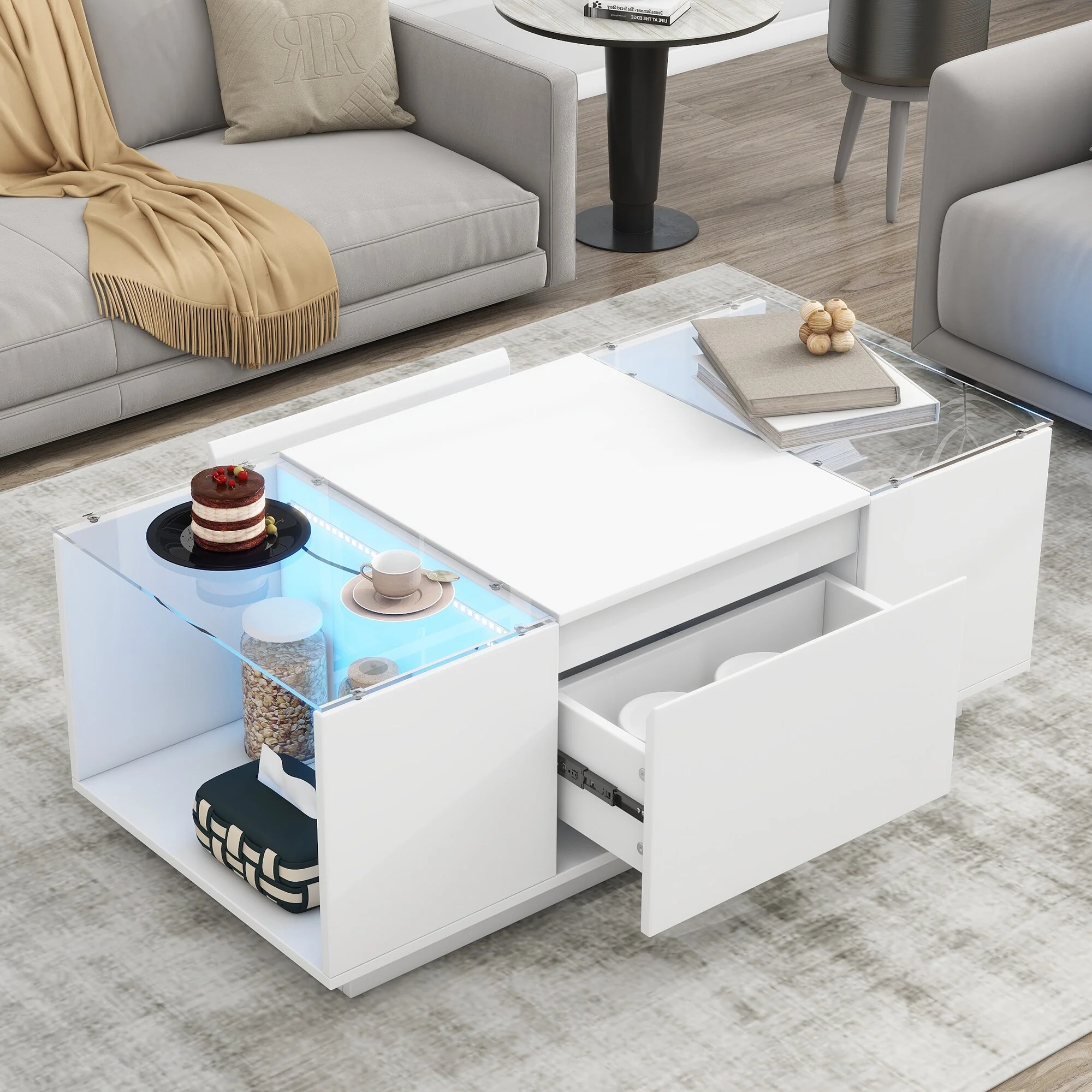 41x19'' Led Coffee Table with 2 Hidden Drawers for Living Room