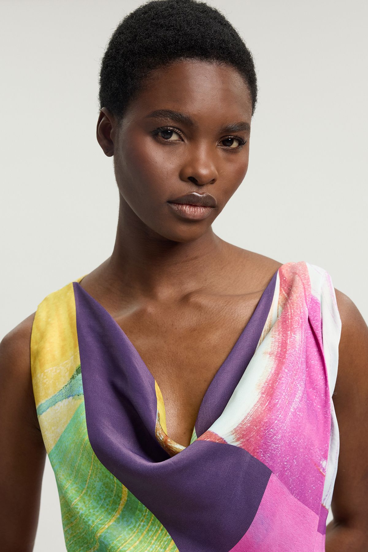 KarenMillen Petite Pink Abstract Twist Shoulder Satin Viscose Midi Dress