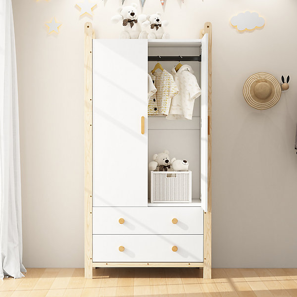 Armoire 2 Portes avec Tiroirs/Penderie, Meuble Chambre Spacieux et Pratique - Bois Massif MDF, Blanc Bois, 90x45x180 cm