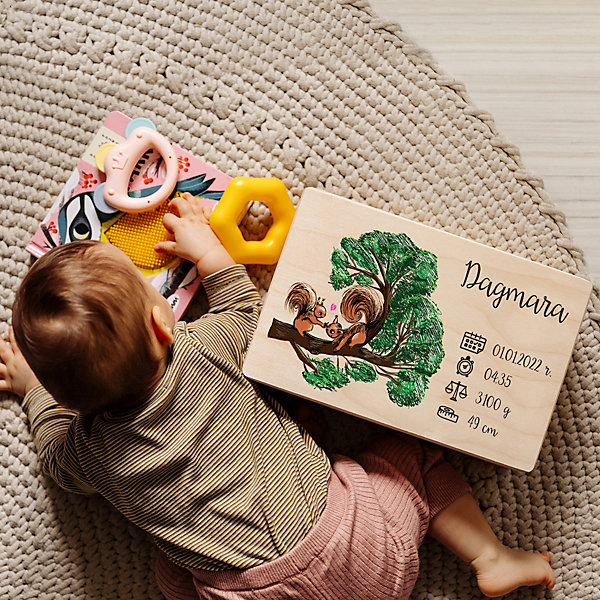Creative Deco Boîte en Bois Personnalisée pour Naissance - Motif écureuil - 30 x 20 x 14 cm - Cadeau Souvenir Bébé Personnalisable
