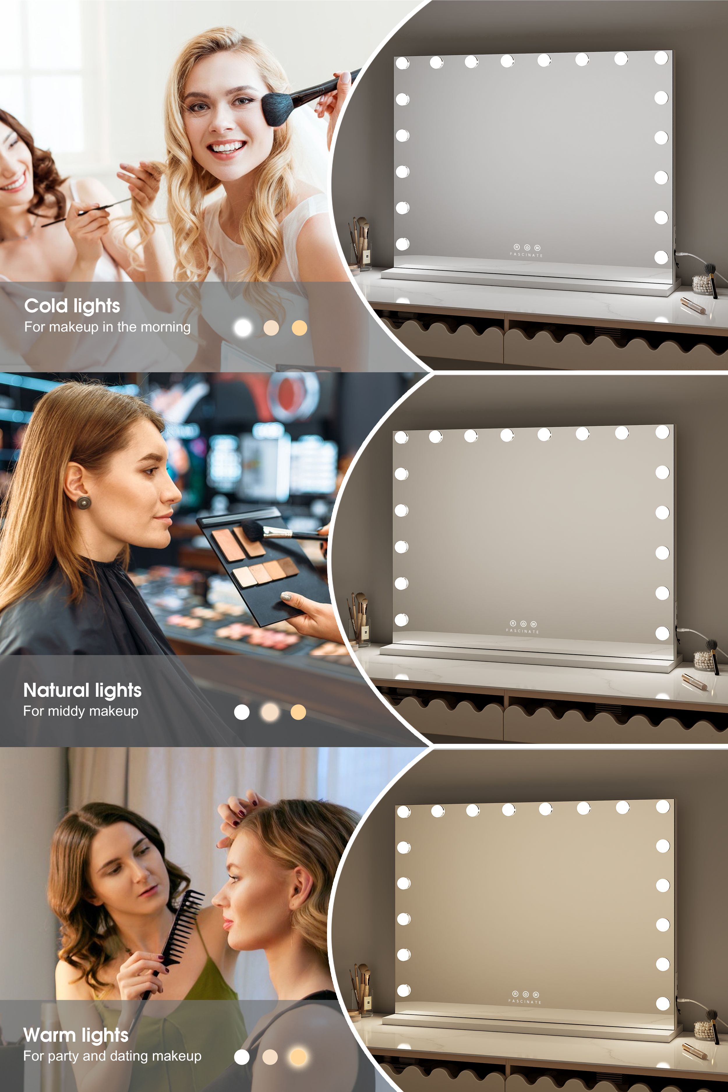 Fascinate Grand Hollywood Vanity Mirror – Tempered Glass, 18 LED Bulbs, 80x60cm White