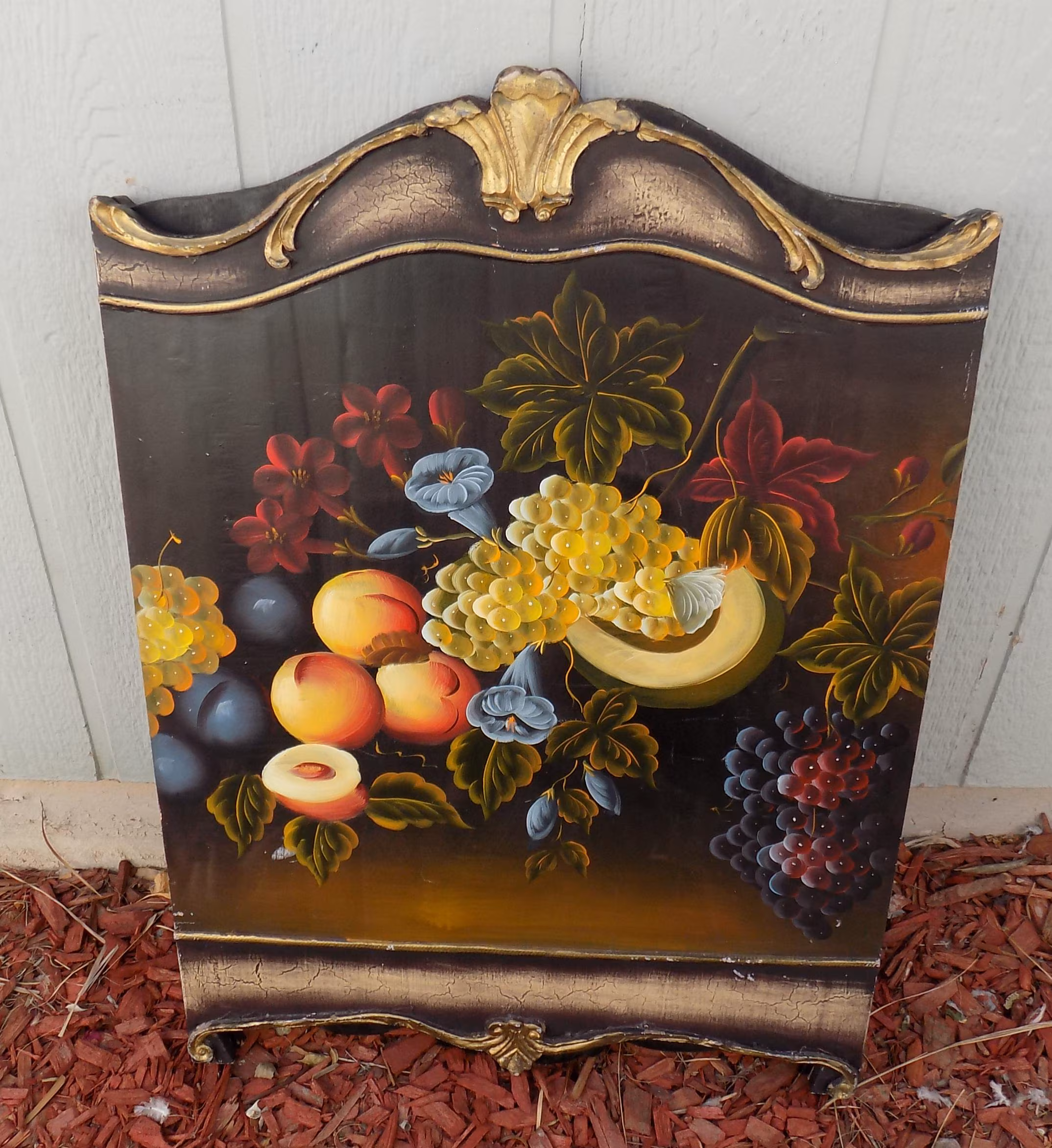Antique wooden fireplace screen with hand painted still life. NO SHIPPING, must pick up in Las Vegas. 45.5