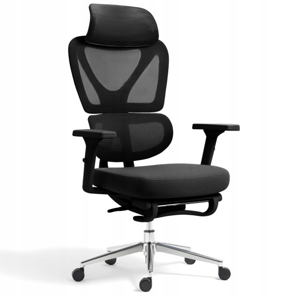 Fotel biurowy ergonomiczny krzesło zagłówek regulacja podnóżek KB107 czarny