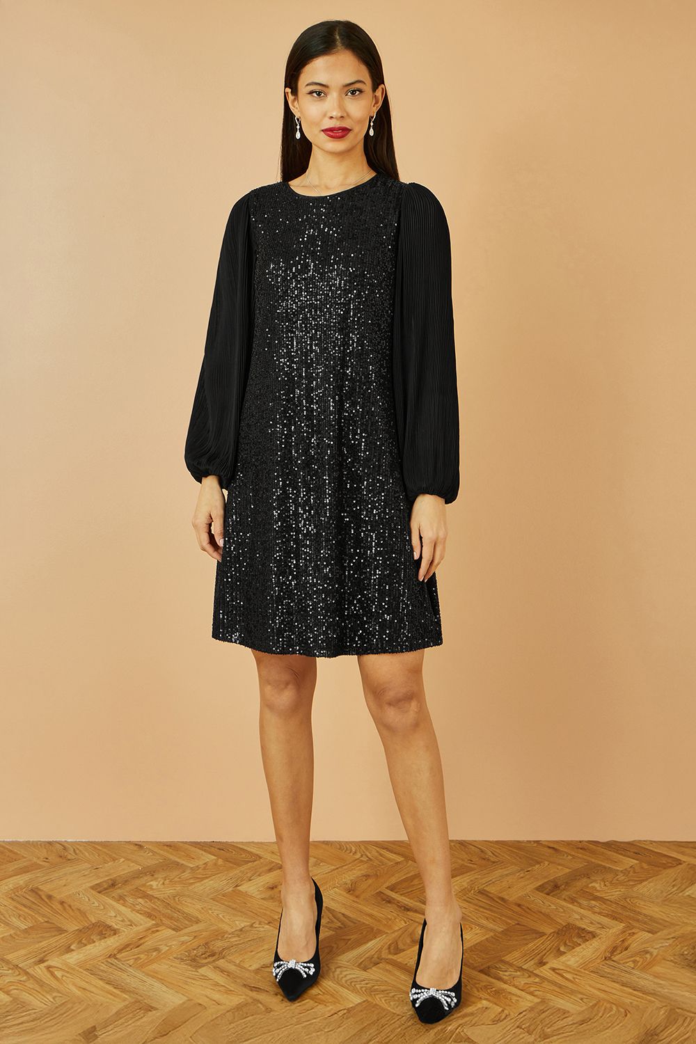 Yumi Black Velvet Sequin Tunic Dress With Long Pleated Sleeves