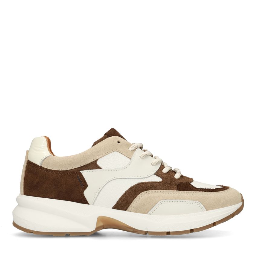 Manfield Beige leren sneakers met multicolor suède details