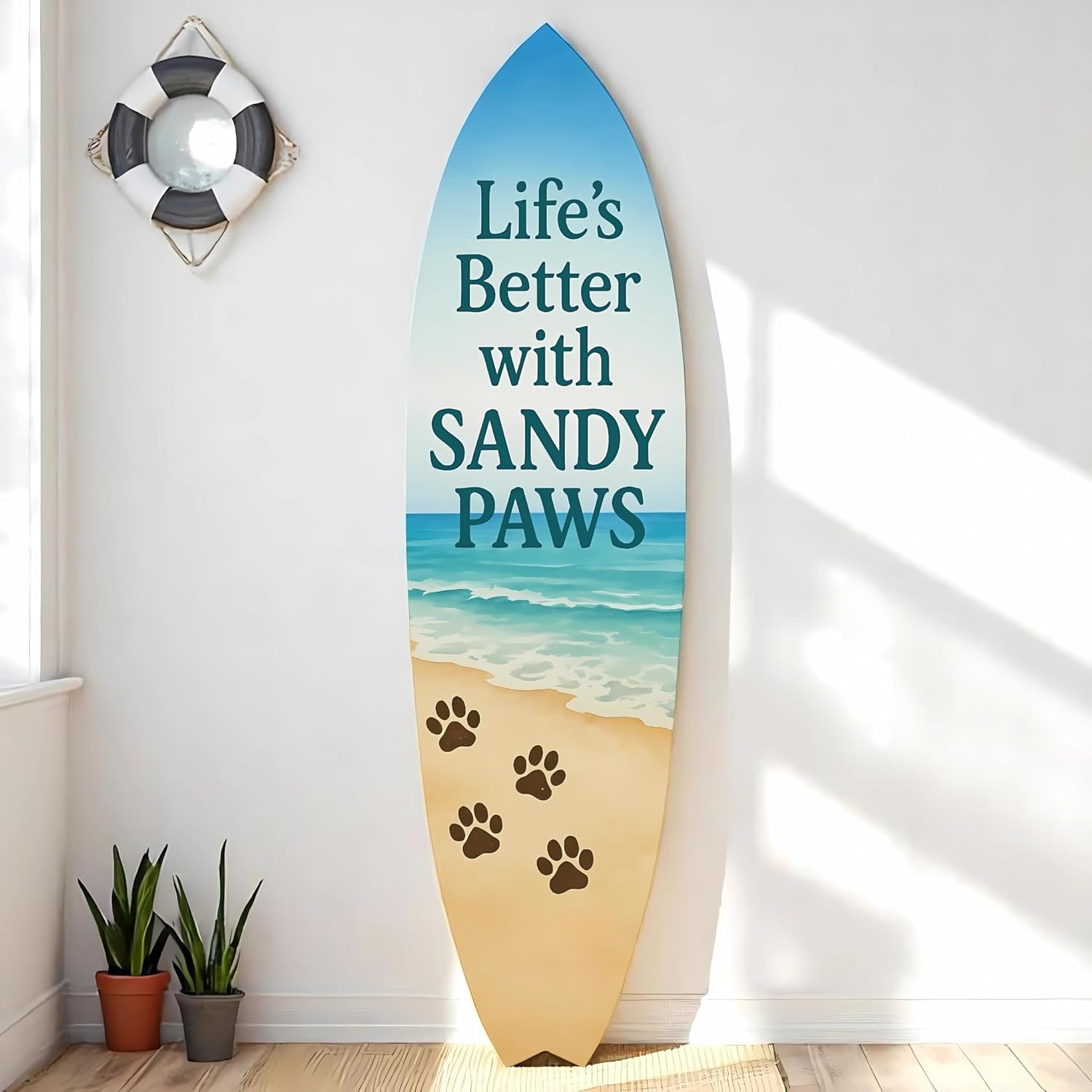 JennyGems Outdoor Decorative Surfboard Wall Art, Pet Wall Decor for Porch, Pool, Fence, PVC Beach House Decoration, Life's Better Sandy Paws, 5 foot