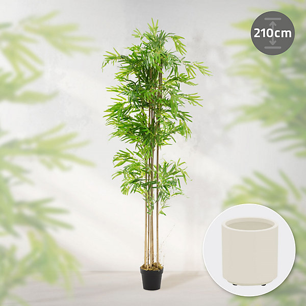 Bambou artificiel 210 cm, Plante artificielle grande avec tige en bois véritable