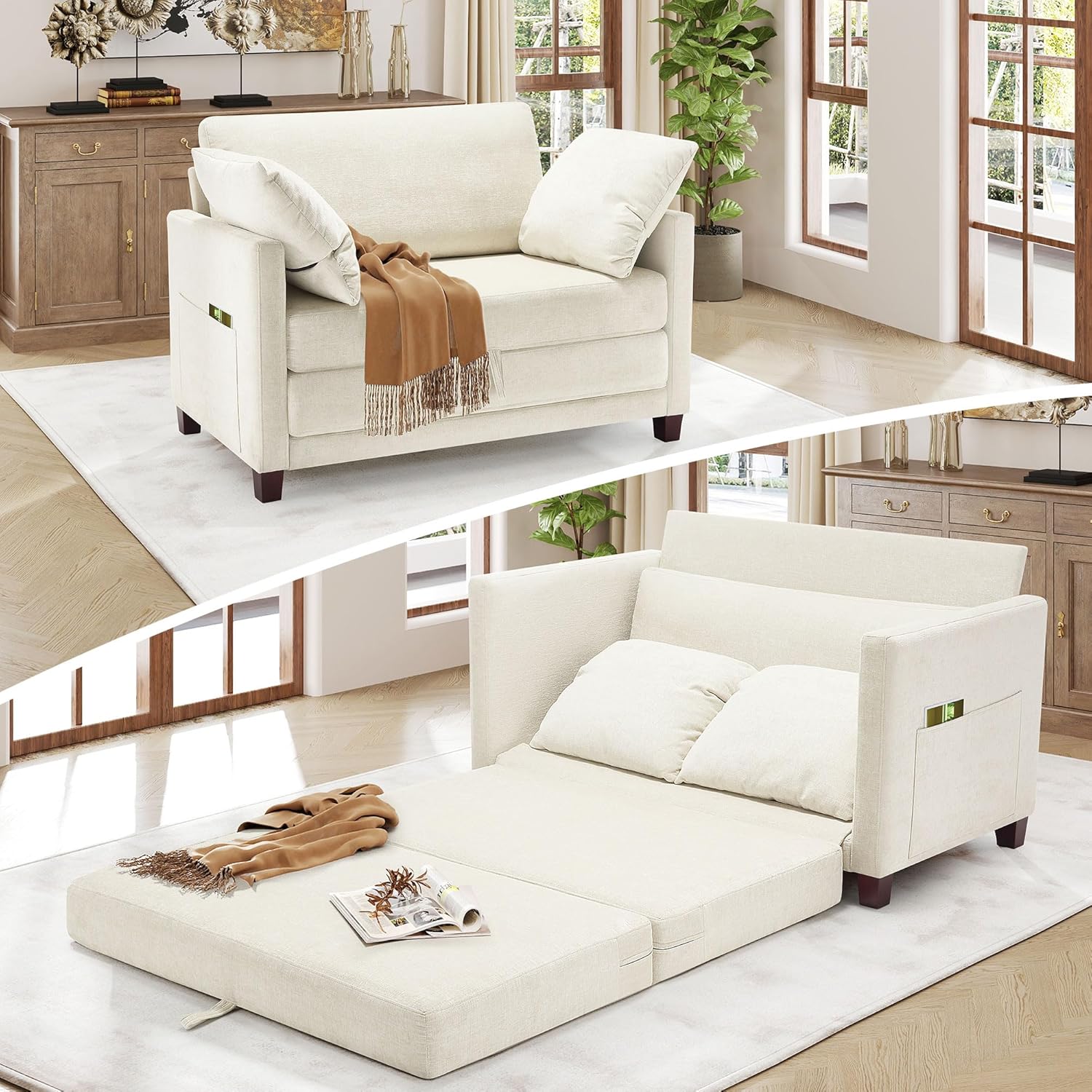 51 Loveseat Sleeper Sofa Bed, Chenille Convertible Floor Sofa Bed for Small Spaces, Folding Couch Bed with Deep Seat, 2 Pillows & Solid Frame, Pull Out Floor Couch for Living Room, Beige