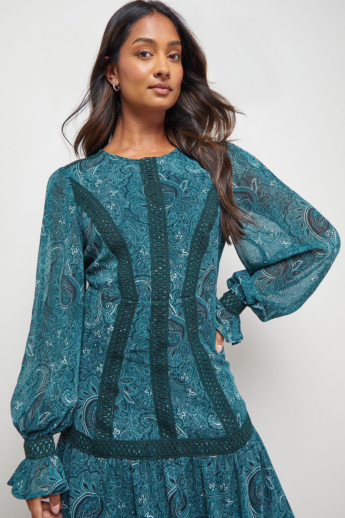 Oasis Lace Detail Balloon Sleeve Drop Hem Midi Dress