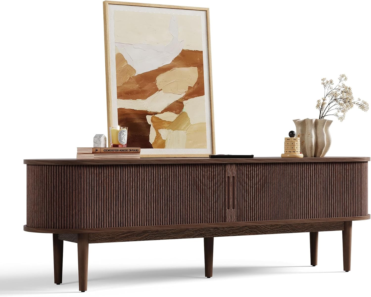 LINSY HOME Fluted TV Stand for 75 TV, Mid-Century Modern 70 Entertainment Center with Sliding Tambour Door and Storage Cabinet, Cruved TV Media Console Table for Living Room, Bedroom, Walnut
