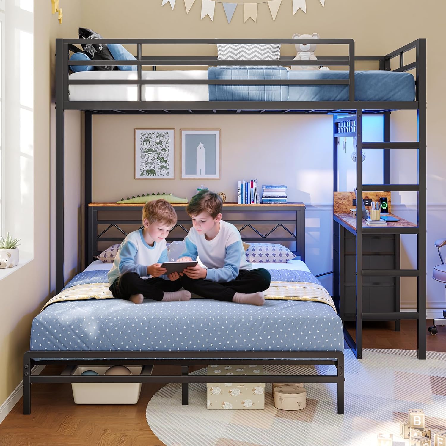 DICTAC Twin Over Full Bunk Bed with Desk,Led Lights and 4 Drawers,Metal Bunk Beds with Storage Headboard and Charging Station,L-Shaped bunk Bed for Kids/Teen with Safety Guardrail and Ladder,Black