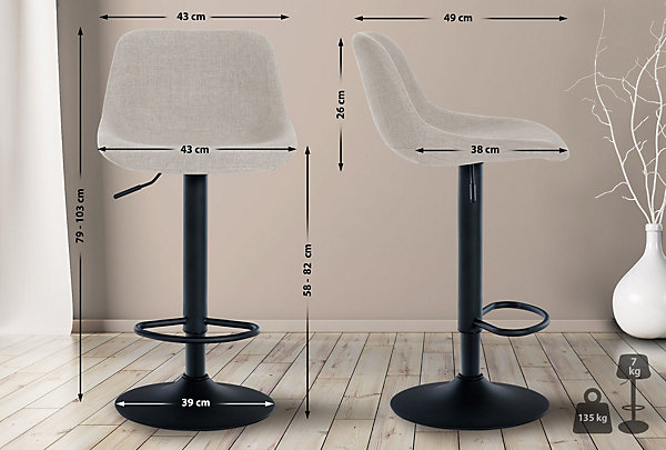 Lot de 2 tabourets de bar Loft, 2 tabourets de comptoir, Chaises avec dossier, pivotantes à 360 , réglables. Crème/Tissu