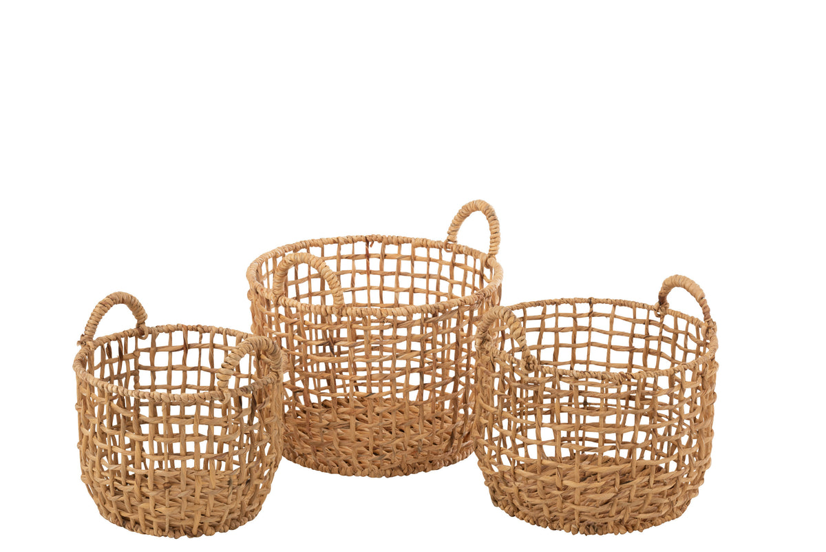 J-Line mand Rond Open Waterhyacint - jute - naturel - 3 stuks