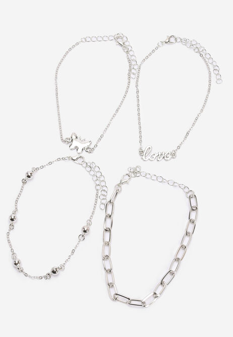 Womens 4pk Silver Butterfly Anklets