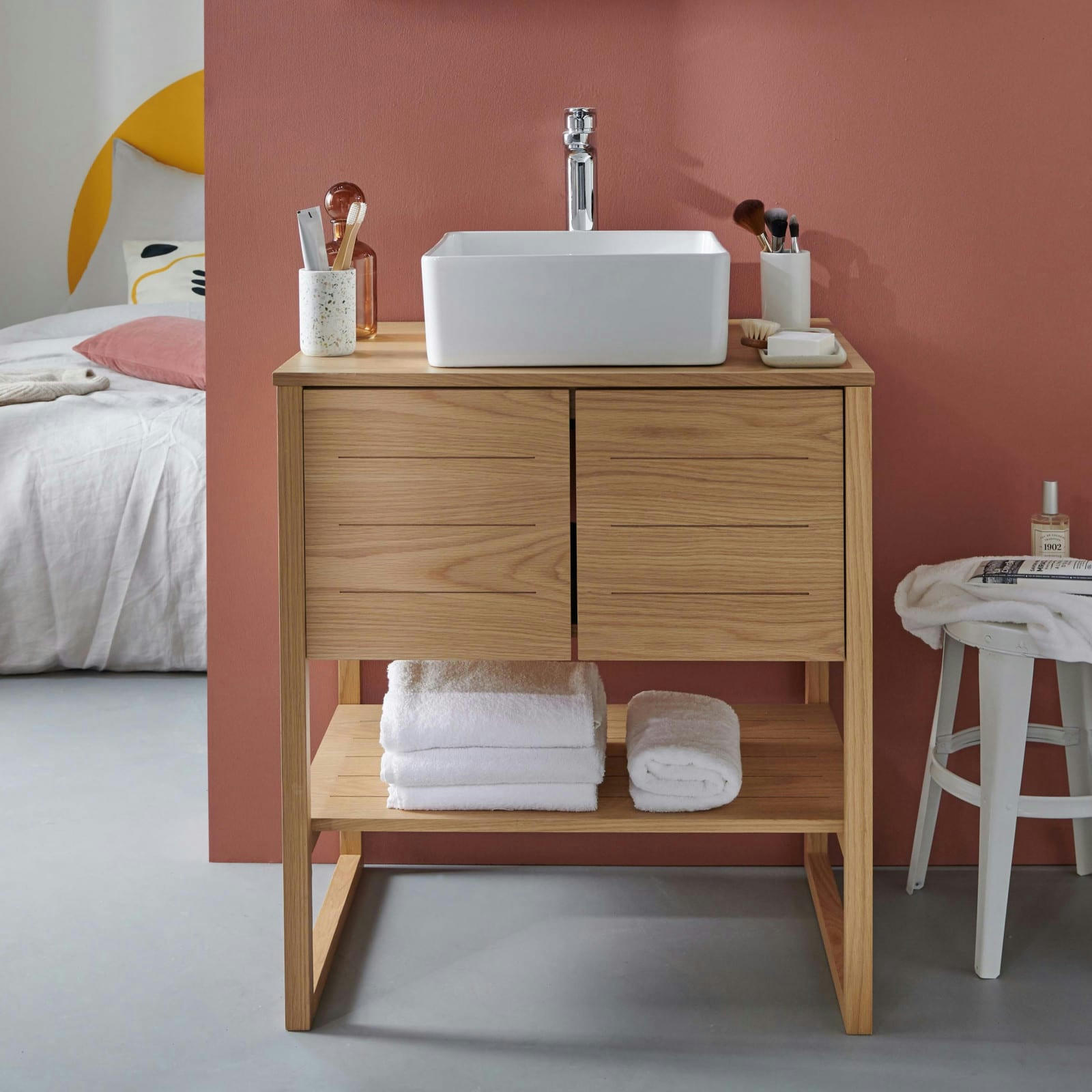 ATOLL - Meuble salle de bain Chêne naturel 70 cm  + Vasque carrée 36 cm