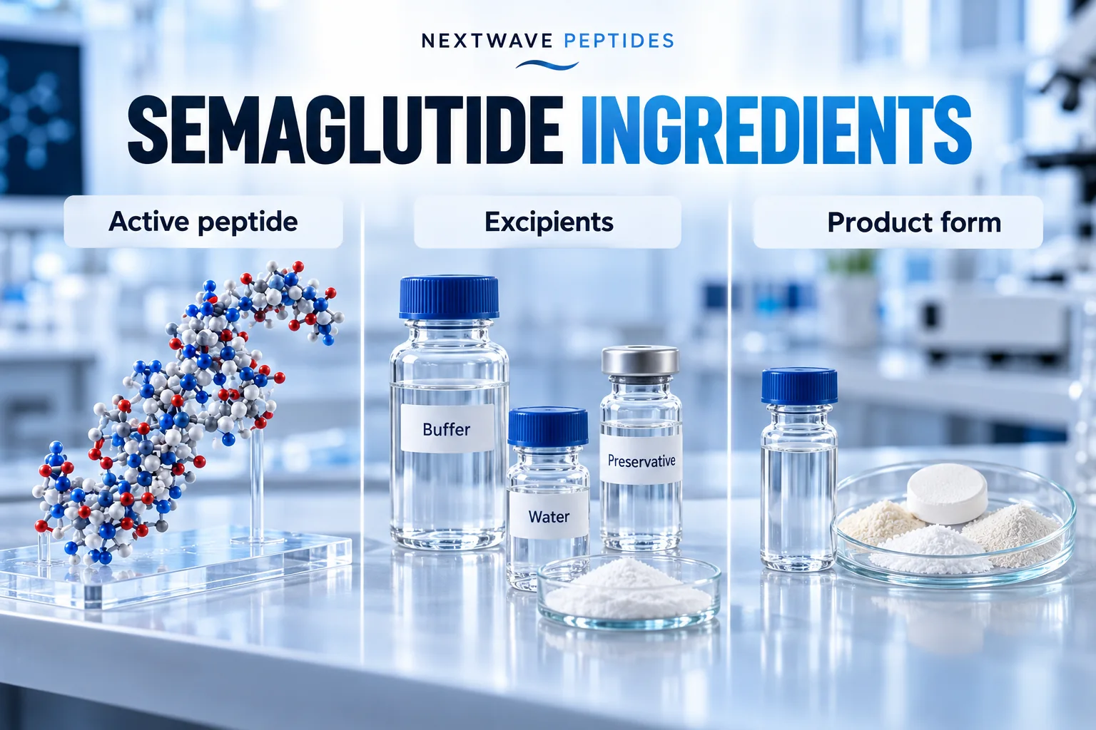 Laboratory comparison of semaglutide active peptide, formulation excipients, and different product forms with multiple research vials.