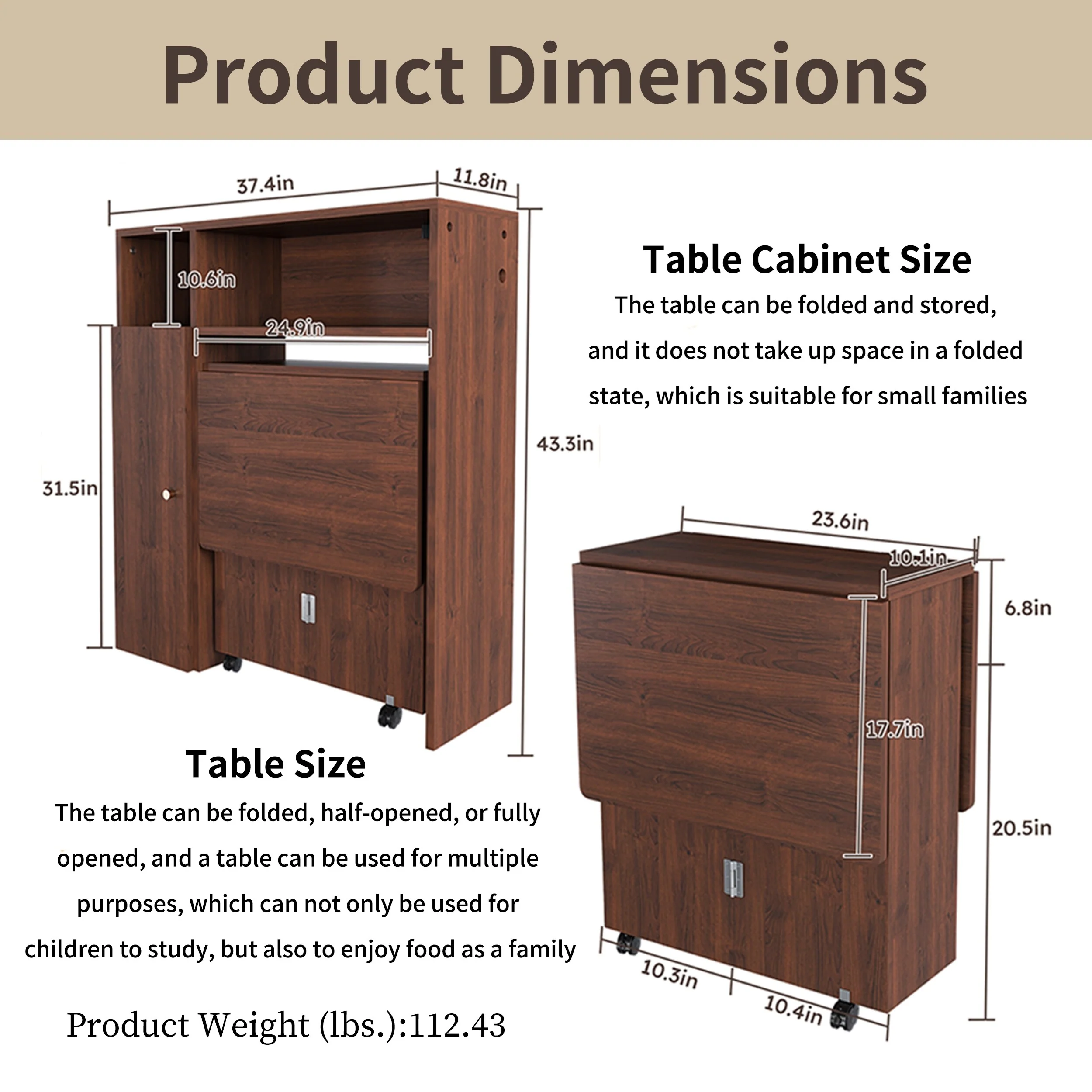 Multi-Functional Extendable Dining Table with Storage, 3-Mode Foldable